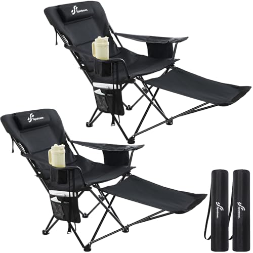 Campingstuhl Faltbar & Liegestuhl Klappbar 2-in-1, Strandstuhl mit 4-Fach Verstellbarer Rückenlehne, Campingstuhl mit Fußablage mit Kühltasche Getränkehalter für Camping Strand Festival Garten Balkon