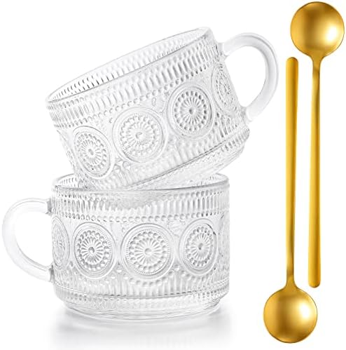 kickmove 2 Pack 14oz Glass Coffee Mugs with Spoons, Clear Embossed Vintage Cups for Coffee,Tea,and Milk.Valentine,Mother and Father's Day Gift for Family and Friends