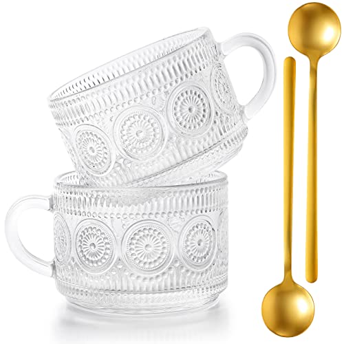 Kickmove 2 Pack 14Oz Glass Coffee Mugs With Spoons, Clear Embossed Vintage Cups For Coffee,Tea,And Milk.valentine,Mother And Father's Day Gift For Family And Friends #TOP2
