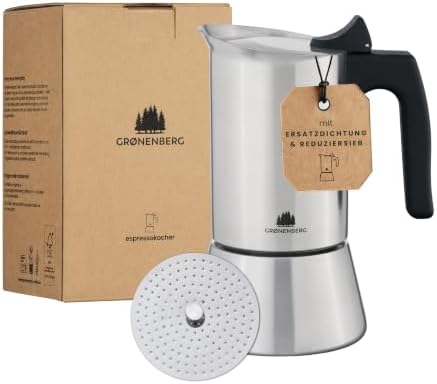 Groenenberg Espressokocher Induktion + Reduziersieb I Edelstahl Mokkakanne 4 oder 6 Tassen Espresso I Espressokanne inkl. Ersatzdichtung