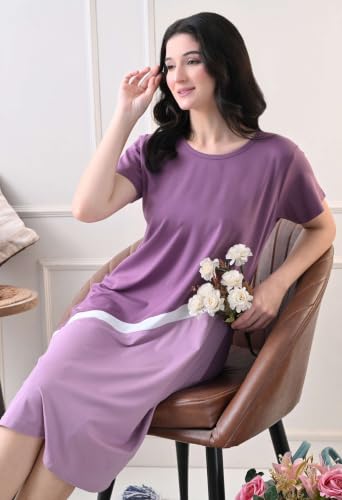 Image of Women's Night Dress Short Sleeve Round Neck Sleepwear with Stylish Contrast Panel, Comfortable Nightwear for Women