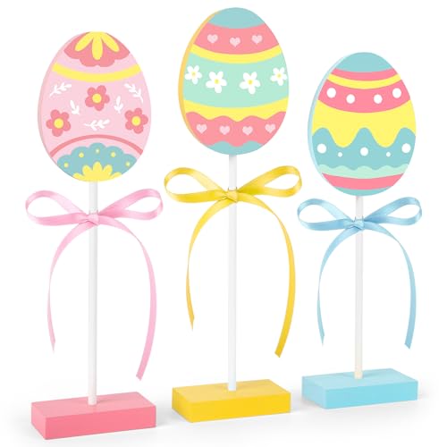 3 Pieces Easter Table Decorations, Wooden Eggs Signs, Colorful Easter