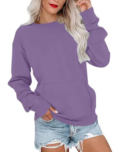 PLOKNRD Womens Sweatshirts Crew Neck Ladies Jumpers Long-Sleeve Casual Tops with Pockets(Purple,M)