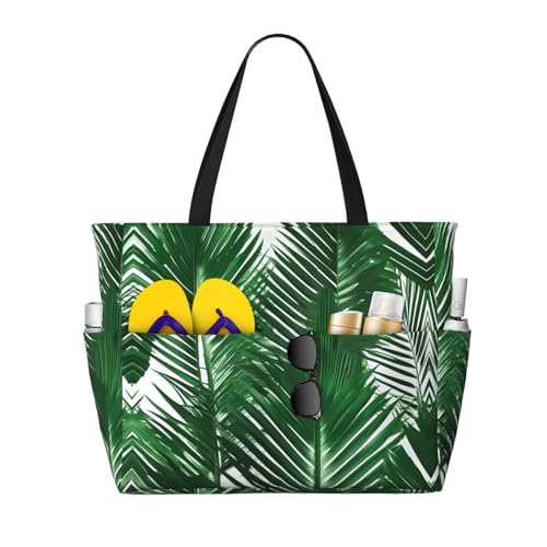 Large Capacity Beach Bag Waterproof Pool Tote for Gym Swimming Camping Carry On Bag Green Palm Leaf Print