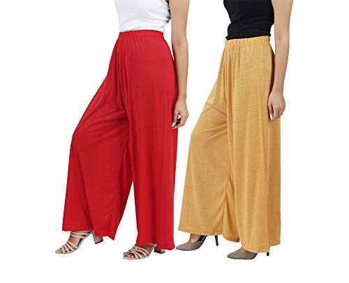 Image of Buy That Trendz M to 4XL Cotton Viscose Loose Fit Flared Wide Leg Palazzo Pants for Women Red Dark Skin Combo Pack of 2