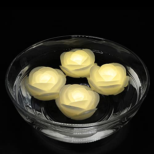 (Pack of 4) Warm White Color Flameless Wax LED Water Floating Rose Candle Light for Wedding or Event Decoration/Real Wax LED Battery Operated Floating Candle Light in Flower Shape (Warm White)