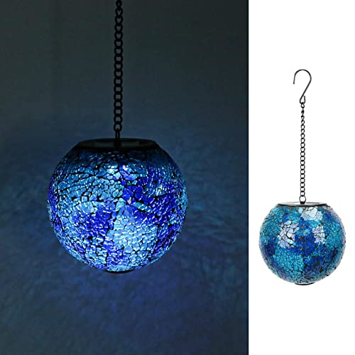 VCUTEKA Hanging Solar Lanterns Mosaic Crackle Glass Solar Lights, Dark Blue