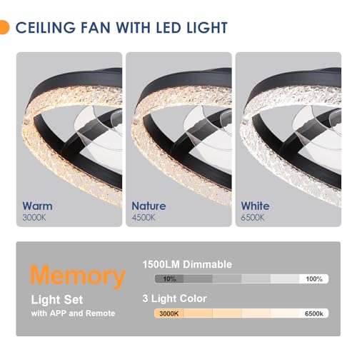 Image of Mpayel 20 inch Ceiling Fans with Lights and Remote, Modern Low Profile Fandelier Ceiling Fan with Light, Quiet DC Motor, 6 Speeds, 3CCT Dimmable Bladeless Flush Mount LED Fan Light for Bedroom