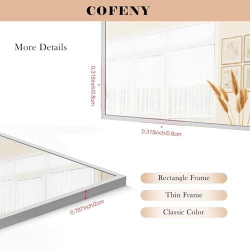 Image of COFENY 30x55In Silver Bathroom Mirror for Wall, Brushed Nickel Rectangle Mirrors with Metal Frame, Bathroom Rectangular Mirror Modern Wall Mirror for Bedroom Living Room, Hangs Horizontal or Vertical