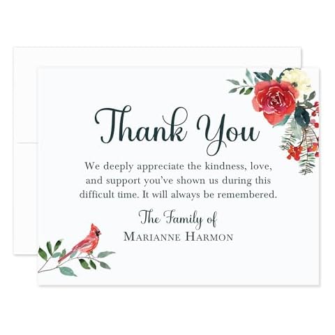 Hello Love Goods Cardinal Floral Sympathy Thank You Cards, Funeral Thank You Cards, Personalized Bereavement Notes with Envelopes, 5.5x4.25 Flat Notecards Cover