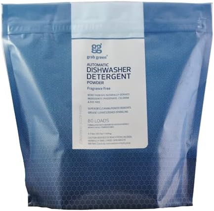 Grab Green Automatic Dishwashing Detergent Powder 3.17 lbs, 80 Loads, Fragrance Free, Plant and Mineral Based, Superior Cleaning, Powerful Grease Removal, Brilliant Shine