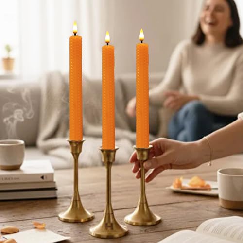 Image of Beeswax Honeycomb Flameless LED Taper Candles, 9.5 Inch Flickering Wax Candles with Remote & Timer, Orange Battery Operated Dripless Tapered Candle for Home Wedding Decor, 4 Pack