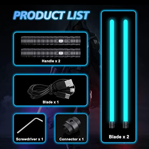 TBGENIUS 2Pack Lightsaber, 2-in-1 Dueling Lightsaber with 7 Colors Changeable with Force Sound, Aluminum Alloy Hilt, 2 FX Rechargeable Light Saber for Kids and Adults (Black)