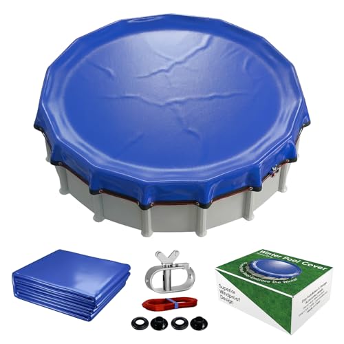 [Upgraded] 18ft/21ft/24ft/28ft Round Winter Pool Covers for Above Ground Pool Cover 21FT Cover 4FT Overlap - 500D Windproof with Steel Cable & Heavy Duty Winch - Swimming Pool Winter Cover Blue