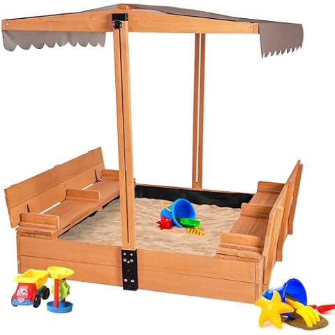 Sandbox with Cover,Kids Wooden Sand Box with Covers Foldable Beench Seats,Sand Boxes for Backyard Garden, Sand Pit for Beach Patio Outdoor Cover