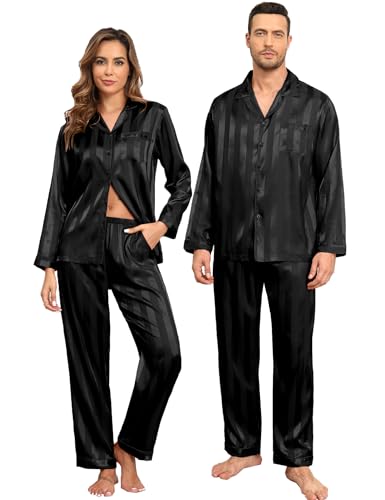 YOZLY Couple Matching Pajamas Set Satin Button Down...