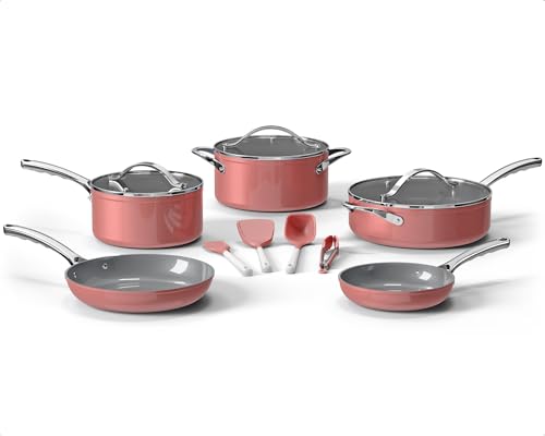 Bakken 12-Piece Aluminum Cookware Set with Ceramic Nonstick Coating, PTFE & PFAS Free, All Stovetop Safe Up To 500°F, Pots and Pans Set with Lids, Silicone Utensils Included, Dishwasher Safe, Pink