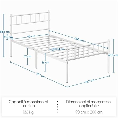 Yaheetech Struttura Letto Singolo 90 x 200 cm in Ferro Battuto a Doghe Testiera Semplice Camera da Letto in Metallo Soggiorno Bianco - Immagine 1