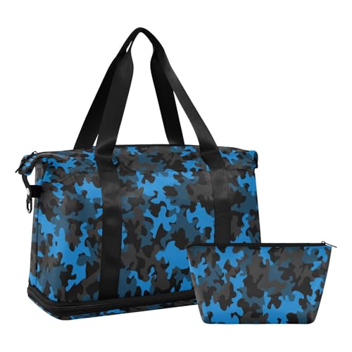 Mnsruu Große Weekender Übernachtungstasche, Reisetasche mit Schuhfach und Nasstasche, blaue Camouflage-Turntasche mit Kulturbeutel, #03, Einheitsgröße, modisch
