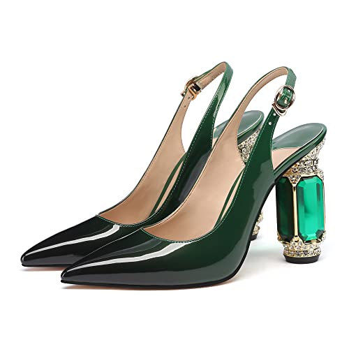 Image of JANSEVEN Women Chunky Heels Pumps Crystal Block Heels with Rhinestones Pointed Toe Sexy Gradient Patent Leather Slip on Bridal Party Wedding Dress Shoes 5-13 M US