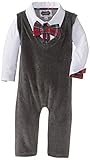 Baby Boys Gray Velvet One Piece Formal Outfit with Bow Tie, Special Occasion Romper (0-6 Months)