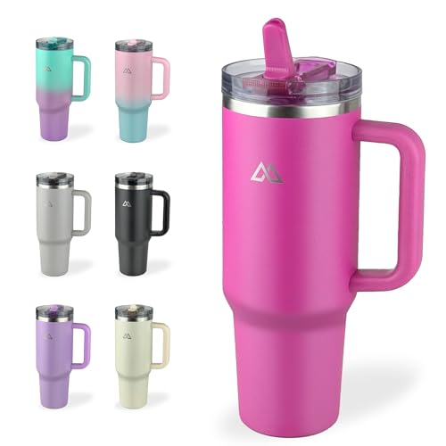MIXOLOGIC 1.2L Flip Straw Tumbler with Handle Lid – 40oz Stainless Steel Vacuum Insulated Double Walled Cup – Leakproof Thermal Travel Coffee Mug, Flask for Hot & Cold Drinks, Water Bottle (Dark Pink)