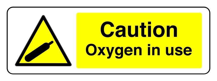 Caution Oxygen In Use - safety sign - 1.2mm Rigid plastic for indoor/outdoor usage (600mm x 200mm) Viewing Distance within 14m.