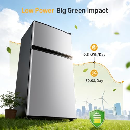 Image of NEWBULIG Mini Fridge with Freezer 3.2 Cu.Ft Small Refrigerator for Office, Dorm, Small Fridge with Adjustable Thermostat, Energy Saving, Dual Door, Sliver