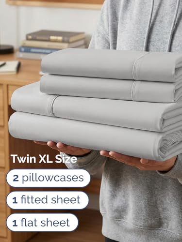Image of Extra Deep Twin XL Sheet Set - 4 Piece Breathable & Cooling - French Grey | Hotel Luxury Bed Sheets Set, Easy & Secure Fit, Ultra-Soft, Wrinkle & Fade Free, Comfy Sheets Set with Extra Deep Pockets