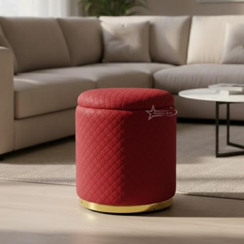 Image of Premium Round Storage Ottoman Stool 16 X 16X 19 inch, with Gold Metal Base | Luxury Pouffe with Hidden Storage | Cushioned Footrest for Living Room, Bedroom & Lounge Maroon