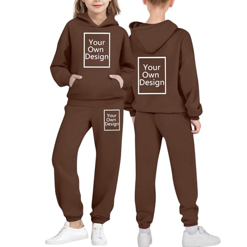 Personalisierte Trainingsanzug Kinder Jungen Custom Jogginganzug Zweiteiliger Sport Anzug mit Foto Bedrucken Lassen Texteingabe Unisex Sporthose Selbst Gestalten Suitsuit für Urlaub 03 Braun 120