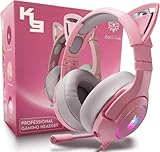 OHAANYY Gaming Headset für PS4,PS5,PC,Xbox One,Gamer Kopfhörer 7.1 Surround Sound Einstellbares Mikrofon,Kabelgebundenes Gaming Esport Headphones Katzenohr mit RGB LED Lichter (pink)