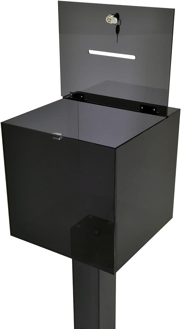 Kingdom Large Acrylic Collection or Donation Box with Casters for Easy Movement Plus a Lock and Keys so your Collections and Donations are kept Safely - Black/Smoky (Plain/Non-Personalized)