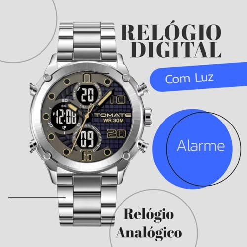 Relógio Digital Analógico Masculino, Pulseira de Aço Inoxidável, Mostrador Duplo Com Alarme e Luz de