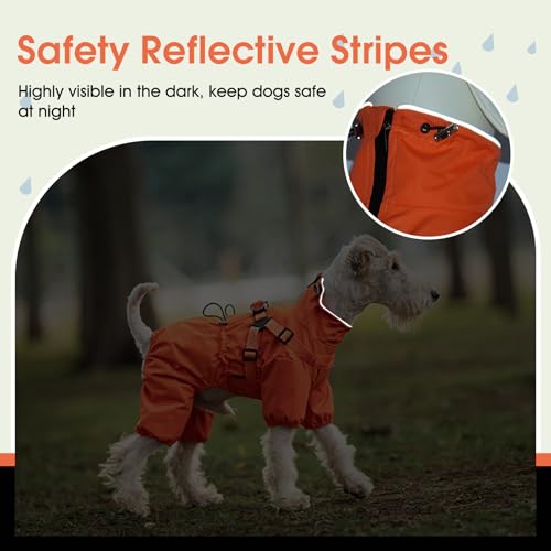 BRKURLEG Hunde-Regenmantel für kleine und mittelgroße Hunde, Regenmantel für kleine Hunde mit integriertem Geschirr, 4 Beine, Orange, Größe M