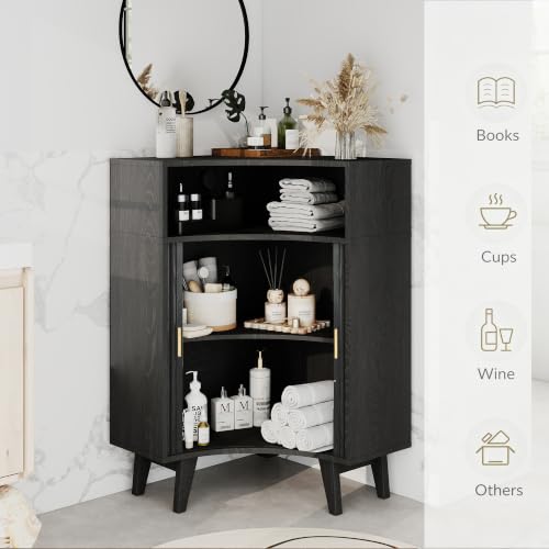 Image of Fluted Corner Cabinet with Open Storage, Modern Floor Cabinets with Sliding Doors and 2-Tier Shelves, Freestanding Narrow Organizer for Small Space,Living Room, Dining Room,Black