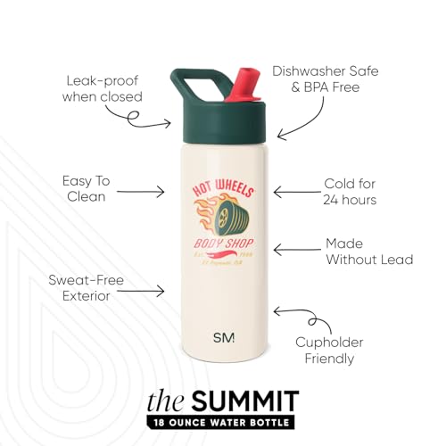 Image of Simple Modern Kids Summit Water Bottle with Straw Lid | Hot Wheels 18oz Stainless Steel Cup Insulated Tumbler for Boys, School | Body Shop