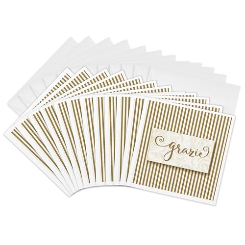 3dRose Greeting Cards, Grazie Italian Language Thank You Cards With Golden Stripes & Linen White, 12 Pack - Elegant Small Blank Card W/ Envelopes, Unique & Classy Gold Design for Any Occasion