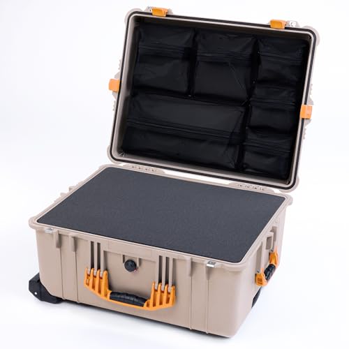 Pelican 1610 Case by ColorCase - Desert Tan - Large Sized Waterproof Case with Pick & Pluck Foam & Mesh Lid Organizer - Yellow Handles & Latches