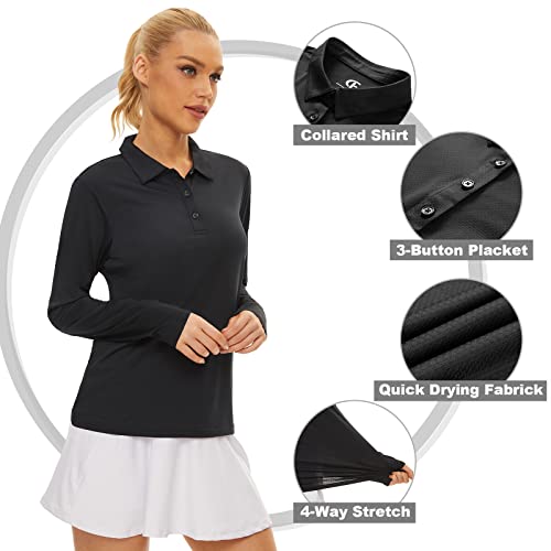 Women's Golf Shirt Long Sleeve Polo Shirt Upf50+ Sun Protection Moisture Wicking Quick Dry Golf Polo Shirt（Black,S #TOP1