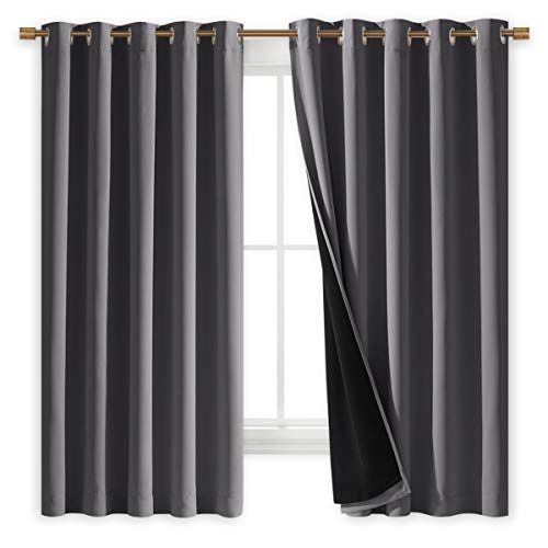 Image of NICETOWN 100% Blackout Curtains with Black Liners, Thermal Insulated Full Blackout 2-Layer Lined Drapes, Energy Efficiency Window Draperies for Bedroom (Grey, 2 Panels, 70-inch W by 63-inch L)