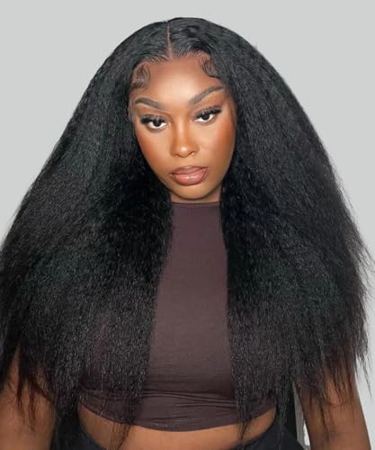 Lannaax 13x6 Kinky Straight Wig Human Hair 250% Density Drawstring Lace Front Wigs Human Hair Pre Plucked Virgin Remy Hair HD Yaki Straight Human Hair Wig 5x Longer Lifespan For Black Women 20 Inch