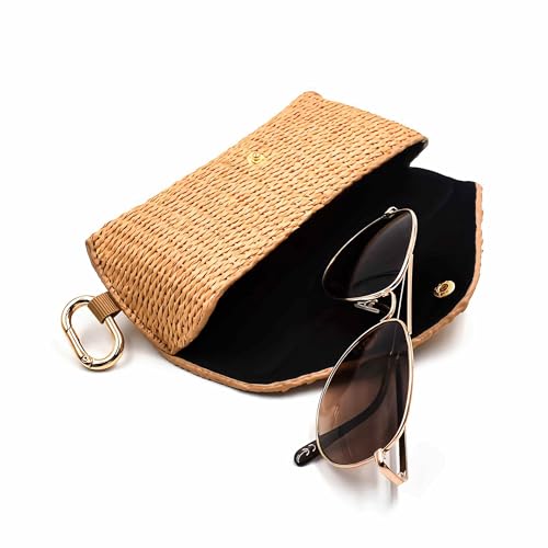 Image of Woven Straw Sunglasses Case, Boho Rattan Soft Bag Eyeglass Travel Glasses Case Hard Shell With Clip Hook, Protective Key Chain Organizer Storage Holder Pouch For Women Men Fashion Accessories Vacation