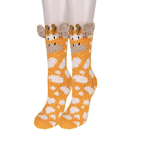 Benefeet Sox Women Fuzzy Novelty Slipper Socks Girls Funny Winter Warm Fleece Cozy Fluffy Soft 3D Cartoon Animal Cute Crew Socks Kawaii Home Sleeping Hospital Socks Gift,1 Pack-Giraffe #TOP20