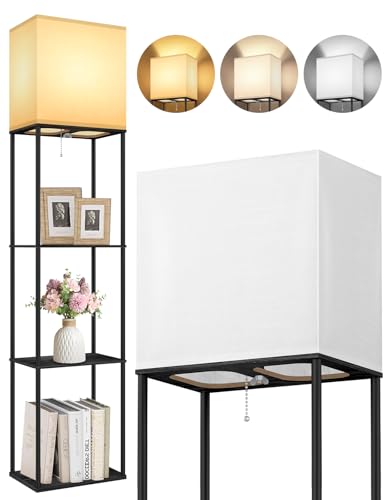 OUTON Lampada da terra con 3 ripiani,piantana design moderno con ripiano in legno, libreria alta a 3 temperature di colore, LED lettura regolabile – Salotto, Camera, Ufficio (Nero)