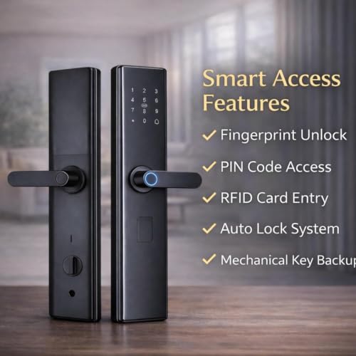 Image of AERYS Smart Door Lock | 4-in-1 Digital Lock with Fingerprint, RFID, PIN & Key | Triple Cylinder Security (3X Safer) | Black | Main Door Lock for Home & Office | 3-Year Warranty + Free Installation