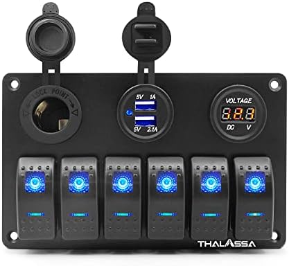 Marine Boat Blue Rocker Switch Panel 6 Position 12 Volt Socket+ Dual USB Charger (2.1A+1A)+ Digital Voltage Display Meter Water-Resistant Aluminum Plate with 6 Gang Control On Off Switches
