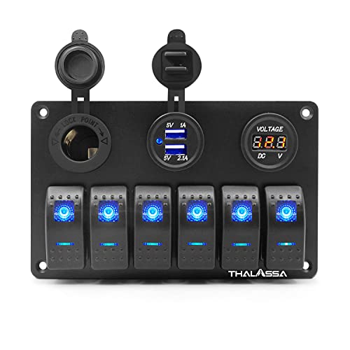Marine Boat Blue Rocker Switch Panel 6 Position 12 Volt Socket+ Dual Usb Charger (2.1A+1A)+ Digital Voltage Display Meter Water-Resistant Aluminum Plate With 6 Gang Control On Off Switches #TOP2