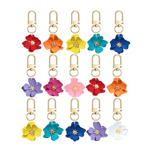 Dreuyet 15 Pcs Flower Keychain Bohemian Daisy Flower Matte Floral Petal Layered Tiered Key Chains Bag Purse Charms (Colorful)
