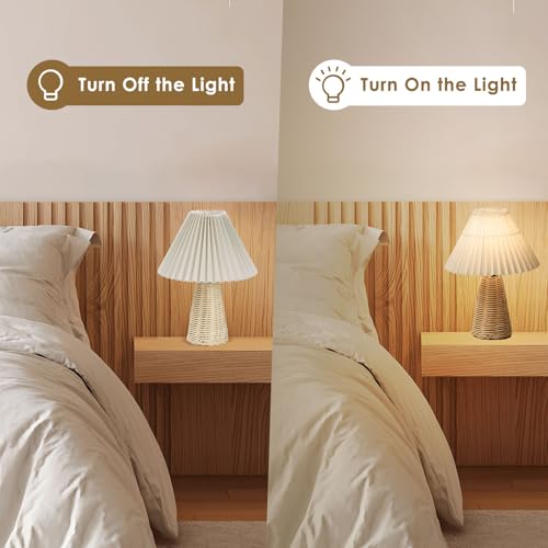 Buachois Rattan Pleated Lamp, Wicker Table Lamp Bedside Night Lamp with Base - Image 3
